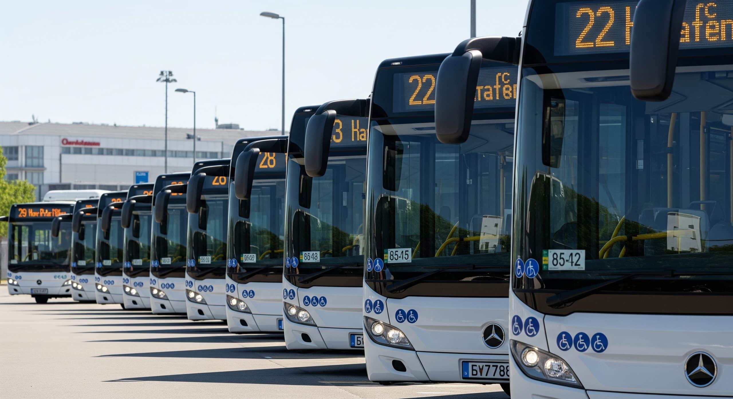 צי אוטובוסים מודרני חונה בשורה, מסמל הגנה ביטוחית מקיפה ובטיחות לנוסעים ולחברות ההסעה.